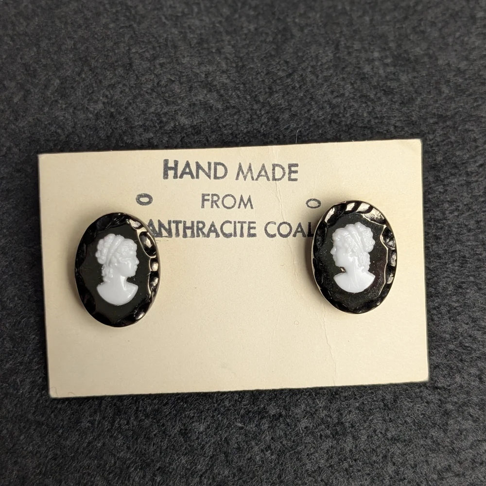 Unique Black and White Cameo Coal Earrings